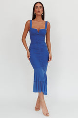 Nadia Ruched Fishtail Maxi Dress Blue