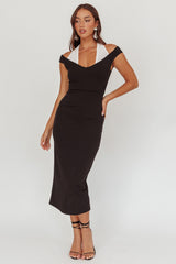 Tyla Contrast Mesh Halter Midi Dress Black