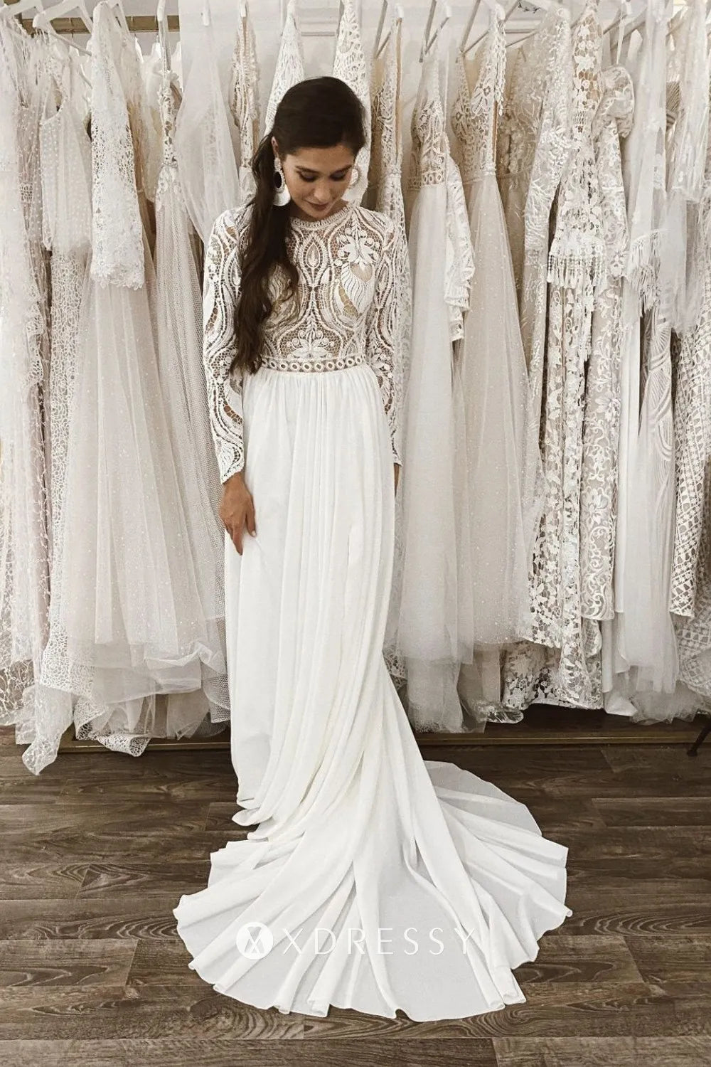 Lace & Chiffon Long Sleeve Open Back Boho Wedding Gown
