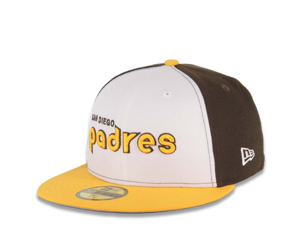 San Diego Padres New Era MLB 59FIFTY 5950 Fitted Cap Hat White/Brown Crown Yellow Visor Yellow Text Logo 40th Anniversary Side Patch