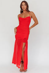 Stole The Show Ruched Mesh Maxi Dress Red