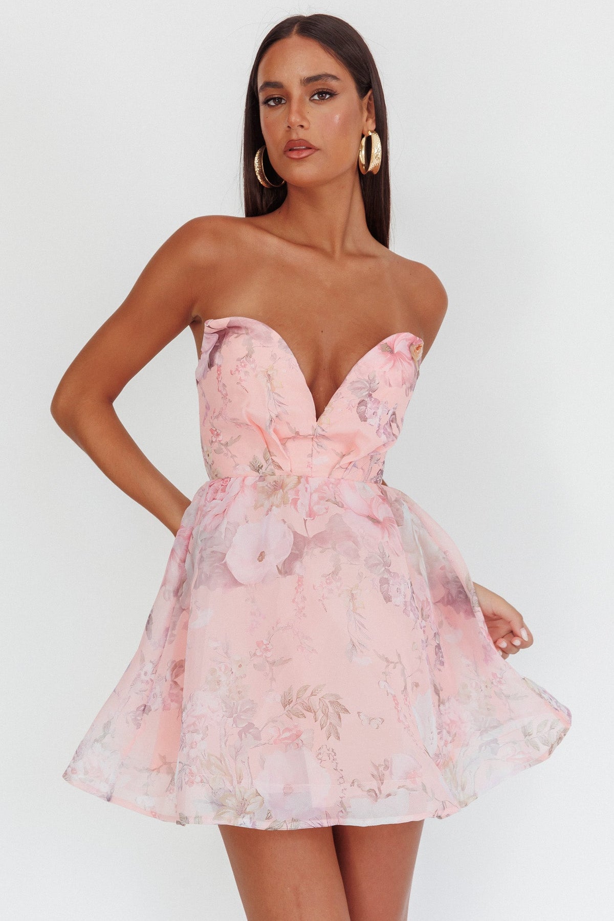 Gem Deep Sweetheart Neckline Mini Dress Floral Pink