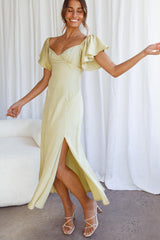 Park Avenue Flutter Sleeve Side Split Midi Dress Matcha