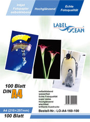 100 Blatt A4 Fotopapier selbstklebend Hochglanz + wasserfest von LabelOcean LOA4160100