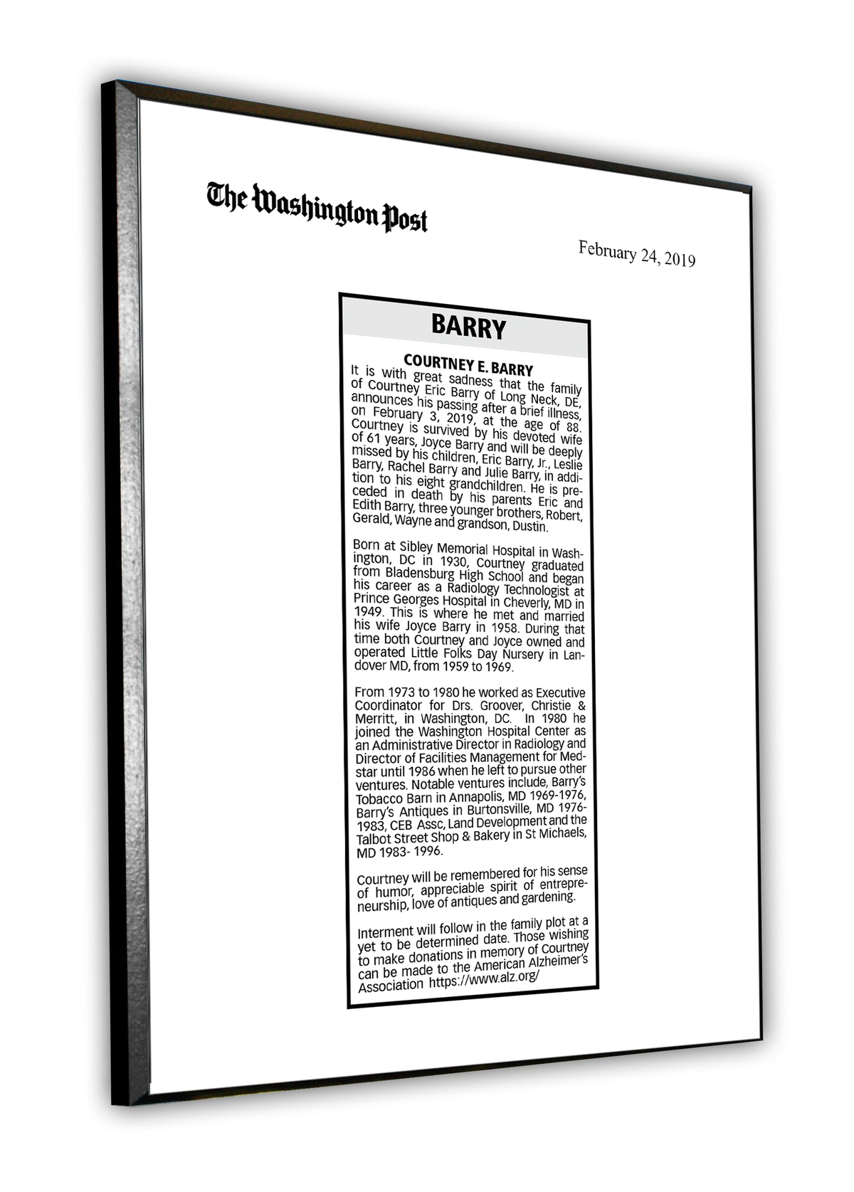 Washington Post | Nash | Obituary Plaque - 1/4"